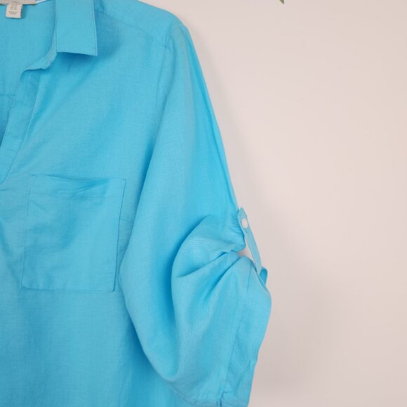 Saint Tropez West Size 1X Blue Linen Blend 3/4 Roll Tab Sleeve Top Blouse - Picture 3 of 7